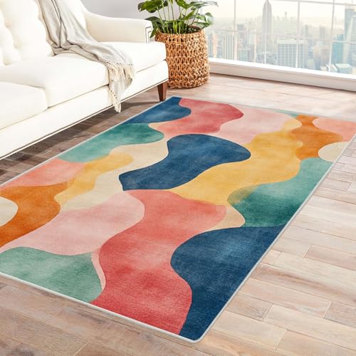 XENIOU Kurzflor Teppiche, Abstrakter Wellendruck, Schlafzimmer Waschbar Teppich Modern Kurzflor Wohnzimmerteppich für Schlafzimmer, Esszimmer.(Gelb)-150x240cm von XENIOU