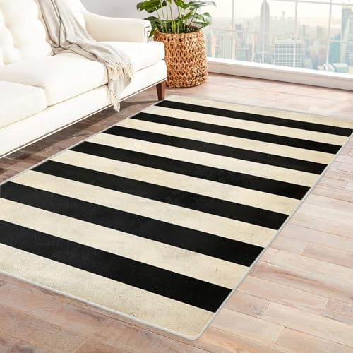 XENIOU Teppiche, Abstrakter Strichdruck, Kurzflor Schlafzimmer Teppich Waschbar Minimalistisch Bettvorleger Teppiche für Wohnzimmer Büro.(schwarz)-120x150cm von XENIOU