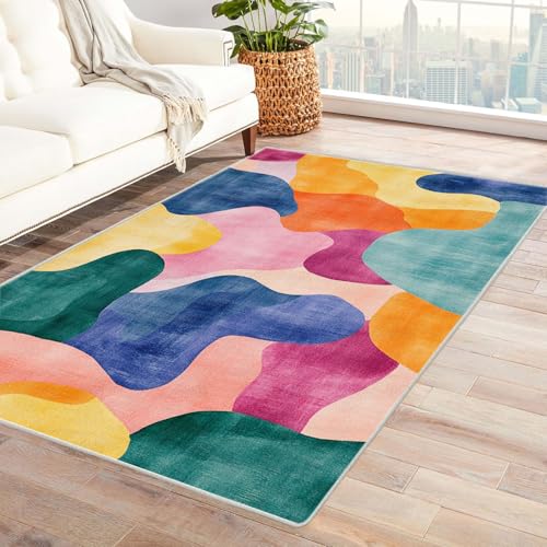 XENIOU Teppiche, Abstrakter Wellendruck, Waschbarer Teppiche Vintage Wohnzimmer Schlafzimmer Esszimmer Kurzflor Teppich.(schwarz)-90x150cm von XENIOU