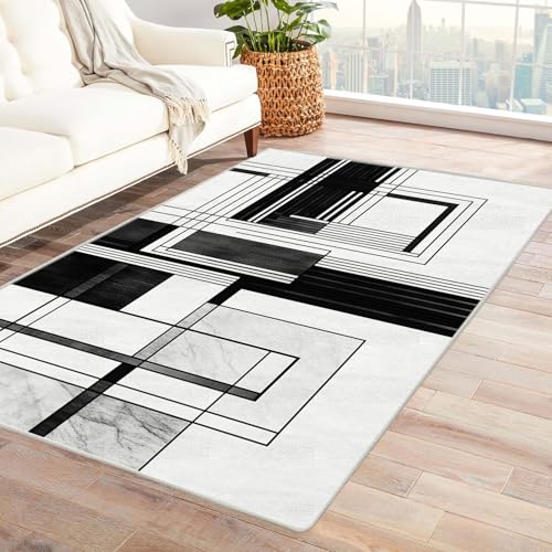 XENIOU Teppiche Groß, Abstrakter Strichdruck, Schlafzimmer Waschbar Teppich Modern Kurzflor Wohnzimmerteppich für Schlafzimmer, Esszimmer.(schwarz)-120x180cm von XENIOU