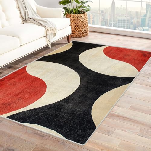 XENIOU Teppiche Groß, Abstrakter Wellendruck, Schlafzimmer Flauschiger Waschbar Teppich für Wohnzimmer, Esszimmer und Balkon.(Gelb)-240x300cm von XENIOU