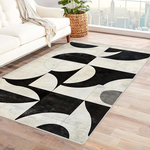XENIOU Teppiche Modern, Abstrakter Strichdruck, Kurzflor Schlafzimmer Teppich Waschbar Minimalistisch Bettvorleger Teppiche für Wohnzimmer Büro.(schwarz)-90x150cm von XENIOU