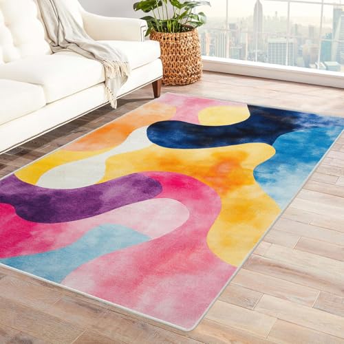 XENIOU Teppiche Modern, Abstrakter Wellendruck, Schlafzimmer Flauschiger Waschbar Teppich für Wohnzimmer, Esszimmer und Balkon.(Gelb)-150x240cm von XENIOU