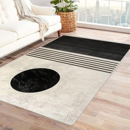XENIOU Waschbare Teppiche, Abstrakter Strichdruck, Kurzflor Schlafzimmer Teppich Waschbar Minimalistisch Bettvorleger Teppiche für Wohnzimmer Büro.(schwarz)-90x150cm von XENIOU