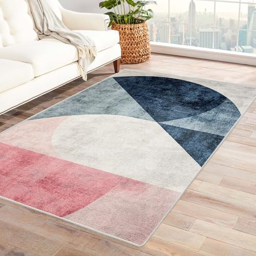 XENIOU Waschbare Teppiche, Abstrakter Strichdruck, Schlafzimmer Waschbar Teppich Modern Kurzflor Wohnzimmerteppich für Schlafzimmer, Esszimmer.(blau)-120x150cm von XENIOU