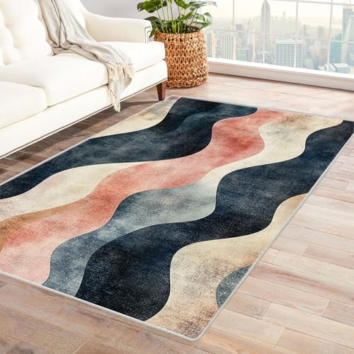 XENIOU Waschbare Teppiche, Abstrakter Wellendruck, Schlafzimmer Waschbar Teppich Modern Kurzflor Wohnzimmerteppich für Schlafzimmer, Esszimmer.(Gelb)-240x300cm von XENIOU