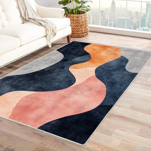 XENIOU Waschbare Teppiche, Abstrakter Wellendruck, Waschbarer Kurzflor Groß Teppich für Wohnzimmer, Esszimmer, Schlafzimmer zuhause deko.(weiß)-210x270cm von XENIOU