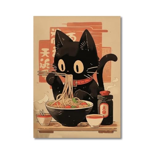 XENITE Wandkunst-Leinwanddrucke Kawaii Japanische Ramen Tier Katze Leinwand Drucke Gemälde Home Decor Nudeln Essen Wand Kunst Poster Küche Zimmer Dekoration(G,30x40cm) von XENITE