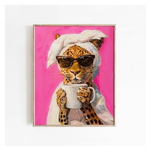 XENITE Wandkunst-Leinwanddrucke Moderne Leopard Trinken Morgen Kaffee Bunte Dopamin Drucke Leinwand Malerei Poster Bild Für Wohnzimmer Wohnkultur(40x60cm) von XENITE