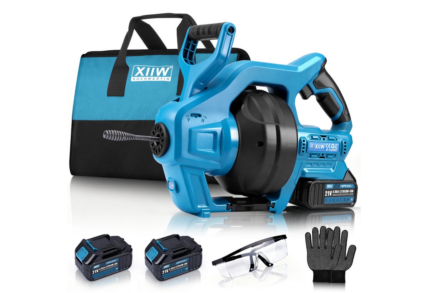 XERSEK Akku-Rohrreiniger Rohrreinigungsmaschine mit 2x20V Akku, Stufenlose Drehzahl & Rücklauf, 20 V, 650 U/min, 7,6 m (Kompatibel mit Makita 18V, Spirallänge 7.6 m Ø 7 mm für Rohre 19-85mm), Abflussreiniger Ideal für Verstopfungen in WC, Dusche, Küche, Abfluss von XERSEK