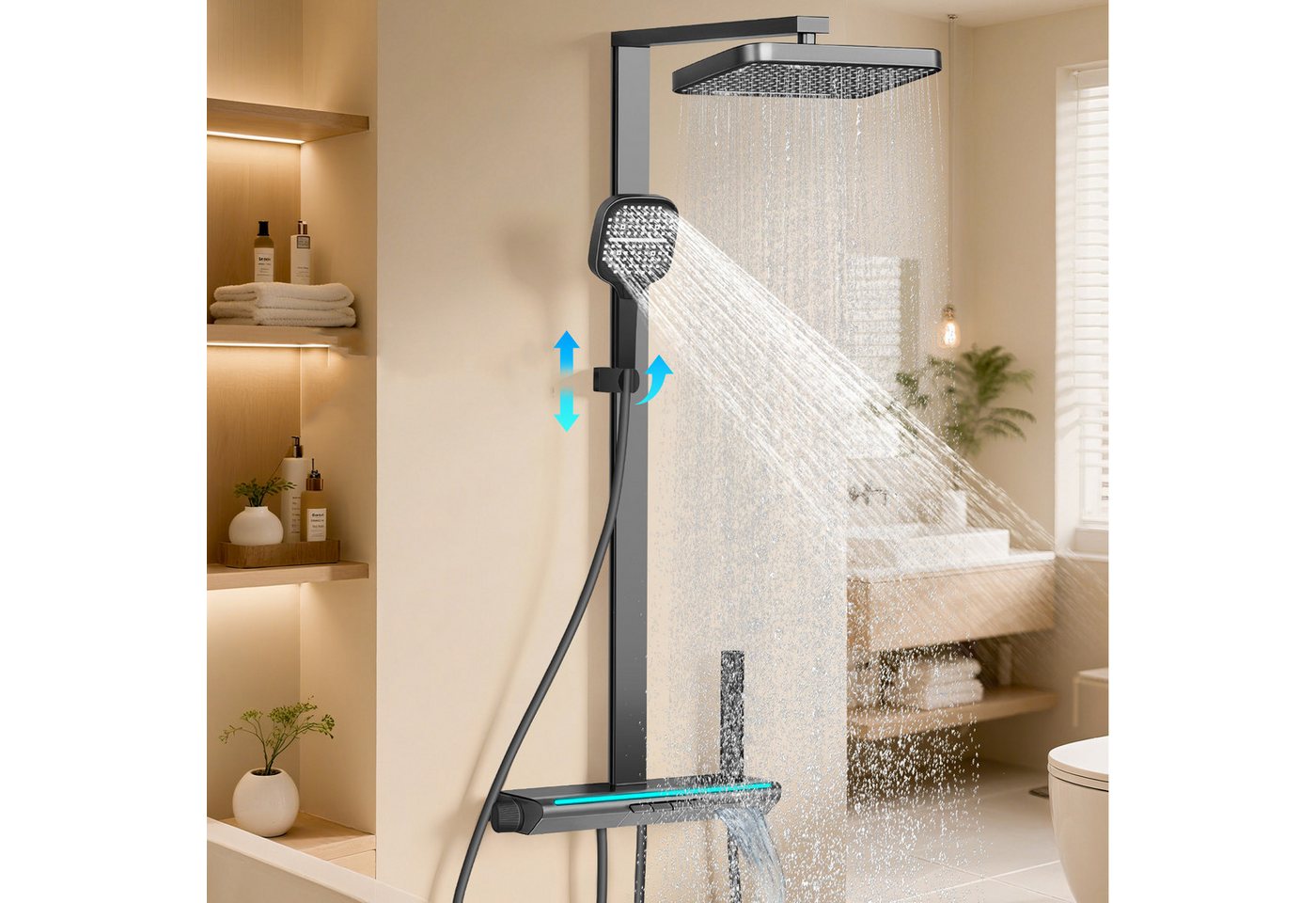 XERSEK Brausegarnitur 5in1 Duschsystem, LED-Display, 33×22 cm Drehbarer Duschkopf Höhe 107cm, inkl.Regendusche Handbrause Rückendüse Waschtischarmatur Spritzpistole XERSEK Brausegarnitur 5in1 Duschsystem, LED-Display, 33×22 cm Drehbarer Duschkopf Höhe 107cm, inkl.Regendusche Handbrause Rückendüse Waschtischarmatur Spritzpistole von XERSEK