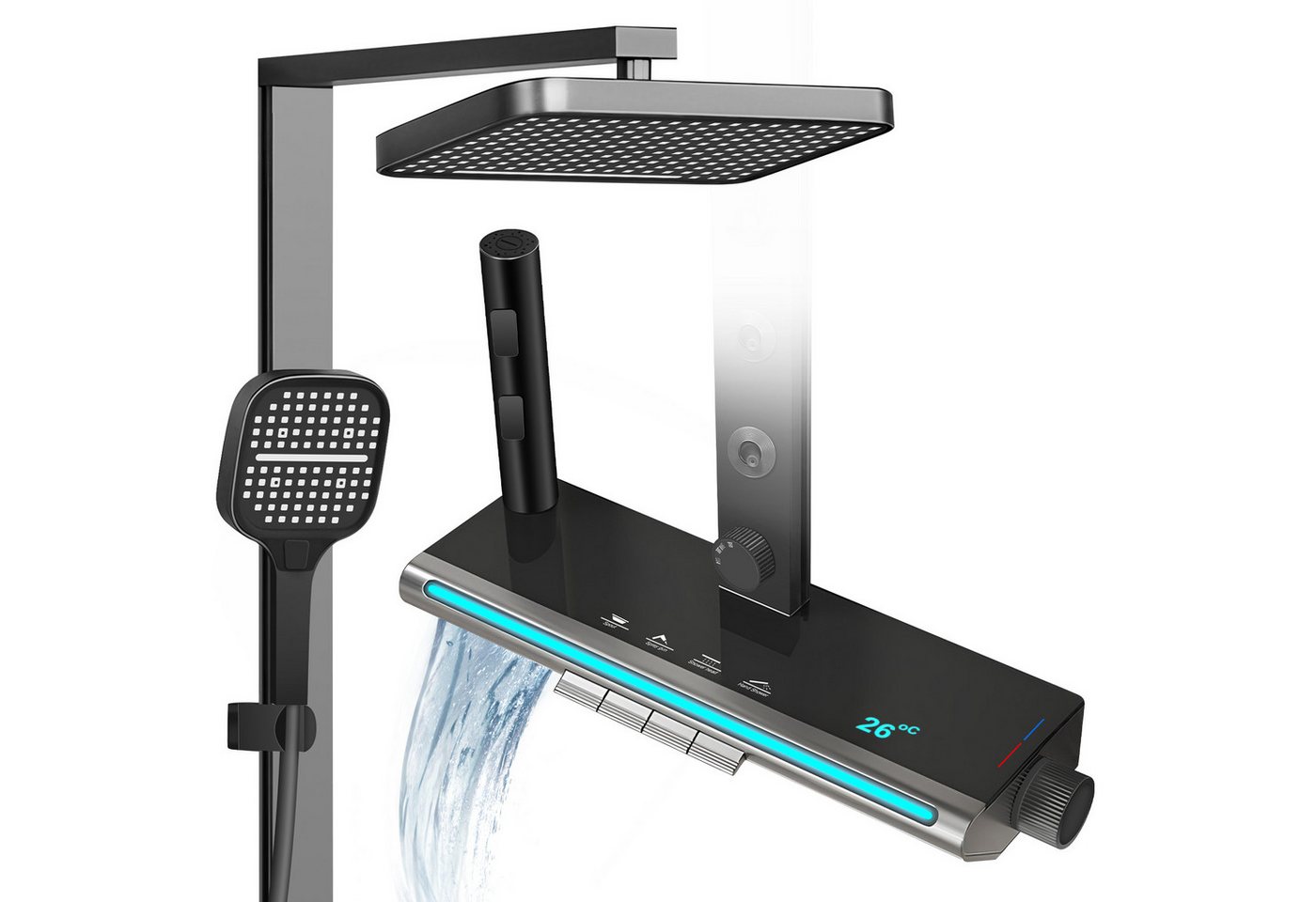 XERSEK Brausegarnitur 5in1 Duschsystem, LED-Display, 33×22 cm Drehbarer Duschkopf Höhe 107cm, inkl.Regendusche Handbrause Rückendüse Waschtischarmatur Spritzpistole XERSEK Brausegarnitur 5in1 Duschsystem, LED-Display, 33×22 cm Drehbarer Duschkopf Höhe 107cm, inkl.Regendusche Handbrause Rückendüse Waschtischarmatur Spritzpistole von XERSEK