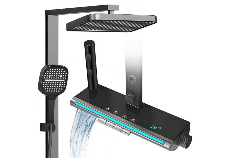 XERSEK Brausegarnitur 5in1 Duschsystem, LED-Display, 33×22 cm Drehbarer Duschkopf Höhe 107cm, inkl.Regendusche Handbrause Rückendüse Waschtischarmatur Spritzpistole XERSEK Brausegarnitur 5in1 Duschsystem, LED-Display, 33×22 cm Drehbarer Duschkopf Höhe 107cm, inkl.Regendusche Handbrause Rückendüse Waschtischarmatur Spritzpistole von XERSEK