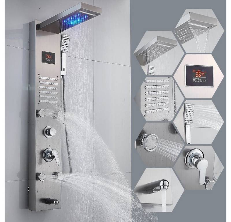 XERSEK Brausegarnitur Duschpaneel Duscharmatur Duschsystem Regendusche Kopfbrause Handbrause, Wasserfall Regendusche, Duschsäulen mit Armatur, Duschset mit 6 Funktionen, Temperatur Display von XERSEK