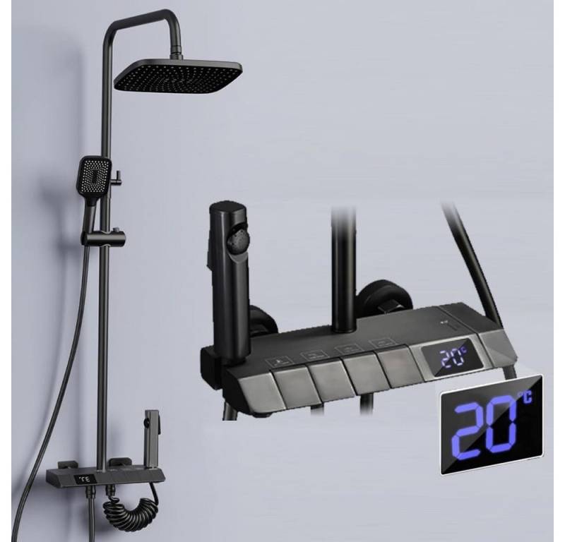 XERSEK Duscharmatur Edelstahl Duschsystem Schwarz mit Temperatur LED-Display 30 X 19 CM Kopfbrause, Duscharmatur mit 3 Funktion Handbrause von XERSEK