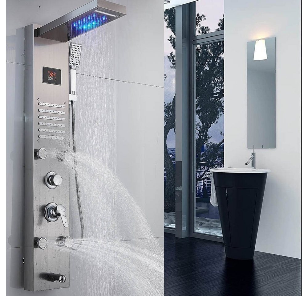 XERSEK Duschsystem Duschpaneel mit LED Temperatur Anzeige Duschsystem 4x Massagedüsen, 6 Strahlart(en), Regenwaldmodus, Wasserfallmodus, Handbrause, Massagendüsen, Wasserfallbrause von XERSEK