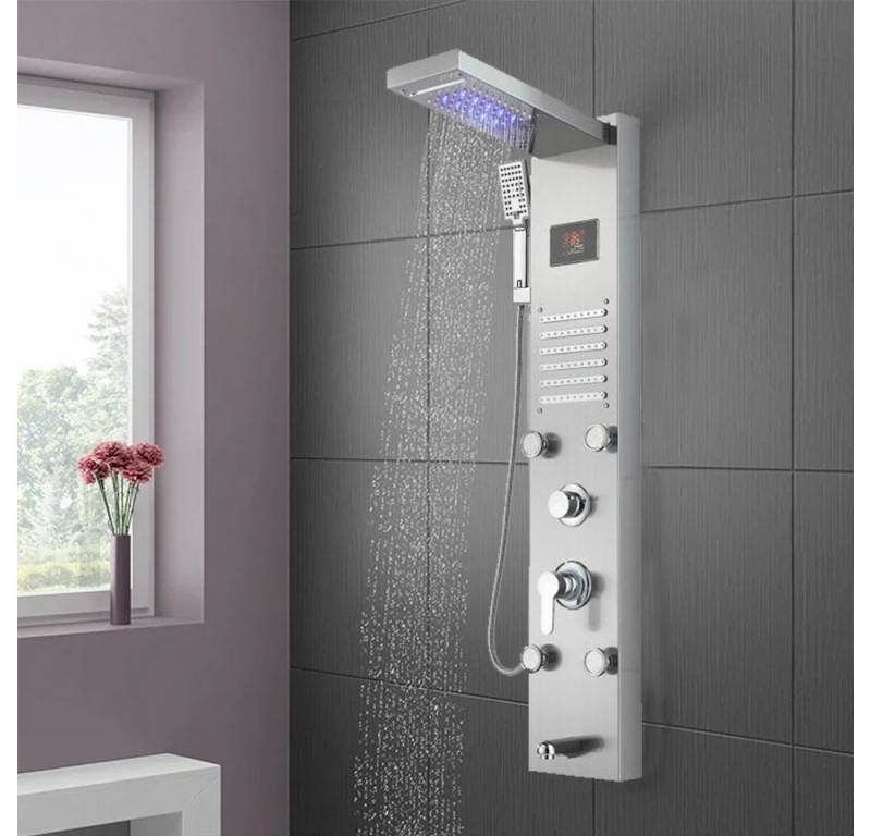 XERSEK Duschsystem LED Duschpaneel,6 Funktionen,Edelstahl Duschsystem mit Handbrause, 5 Strahlart(en), Wasserfalldusche,Duscharmatur,Regendusche Set,Duschset,Überkopfbrausset, mit Wasserfalldusche,Regendusche, Massagedüsen, Handbrause,Armatur, Temperaturanzeige,Gebürstet von XERSEK