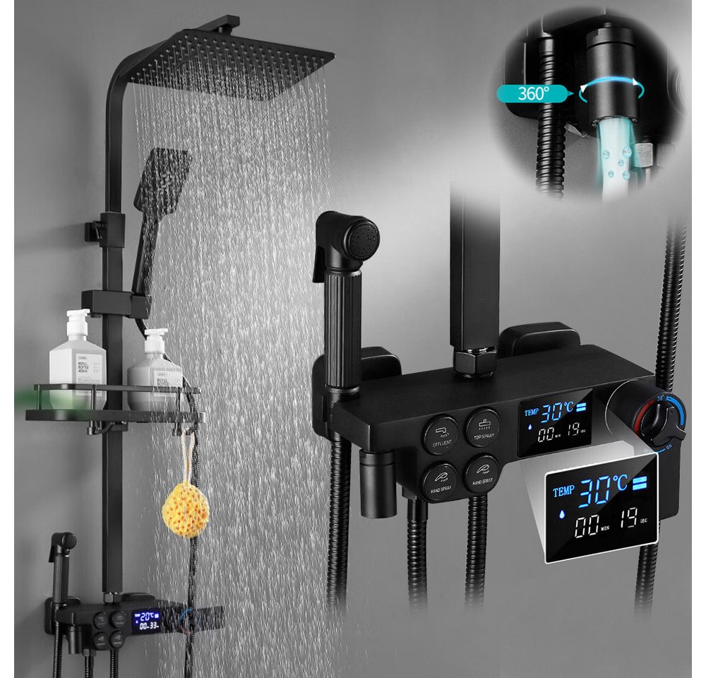XERSEK Duschsystem Regendusche set Überkopfbrauseset Brauseset mit Armatur, 3 Strahlart(en), Temperatur LED-Display, Duscharmatur mit Thermostat von XERSEK