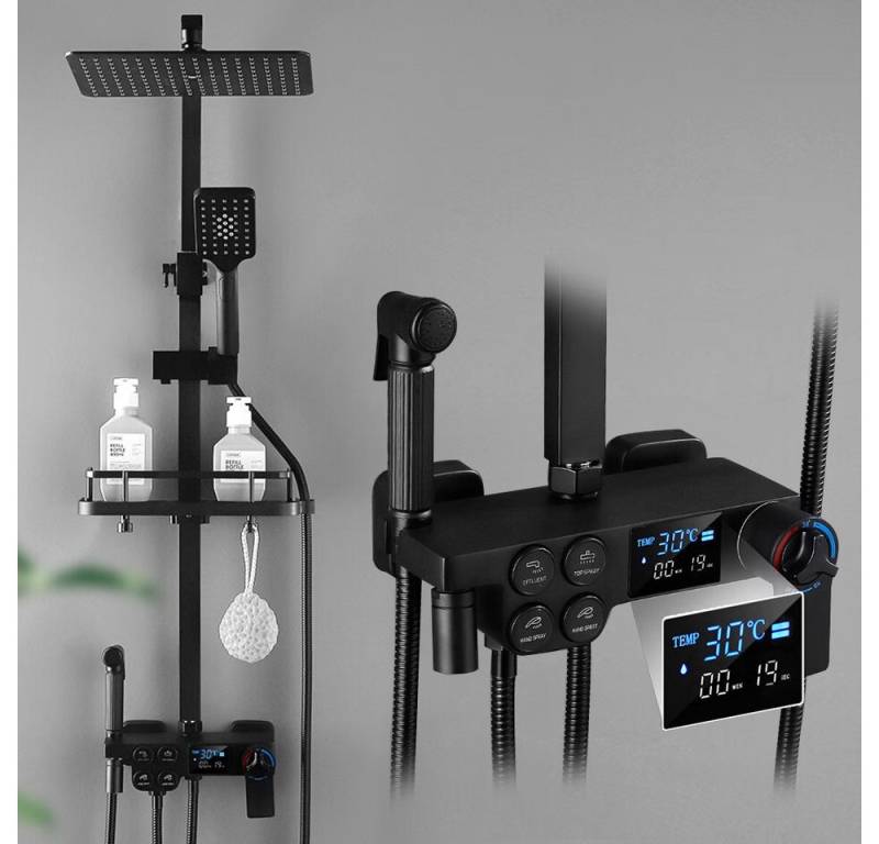 XERSEK Duschsystem Schwarz mit Thermostat inkl. 30 X 19 CM Kopfbrause, Temperatur LED-Display, Duscharmatur mit 3 Funktion Handbrause von XERSEK