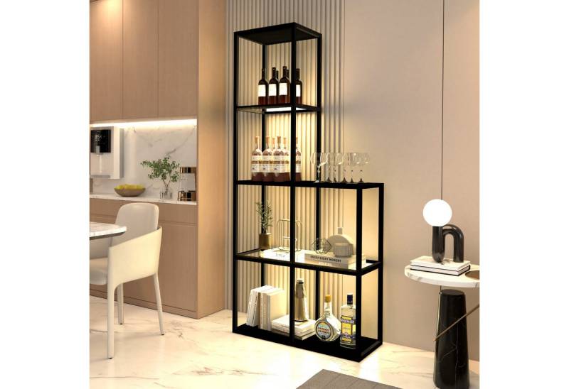 XERSEK Eckschrank Würfelregal mit LED, Glasablagen, Form-Lichtverstellbar, Raumteiler (78 cm × 30 cm × 168 cm, 2 Ablage links/rechts Verstellbar, Stufenregal, Viel Stauraum, Massivholz, Regal mit 6 Fächern) Für Bücher, Sammlerstücke, Kunstwerke und Pflanzen von XERSEK