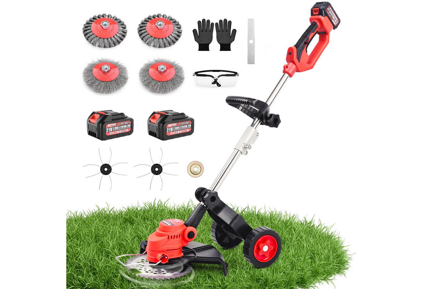 XERSEK Elektro-Rasentrimmer 5 in 1 Akku-Rasentrimmer mit Rädern Rasenmäher Freischneider, 22 cm Arbeitsbreite Messer, (mit Akku), Elektrischer Unkrautbürste mit Rädern, 8000U/min von XERSEK