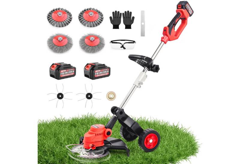 XERSEK Elektro-Rasentrimmer 5 in 1 Akku-Rasentrimmer mit Rädern Rasenmäher Freischneider, 22 cm Arbeitsbreite Messer, (mit Akku), Elektrischer Unkrautbürste mit Rädern, 8000U/min von XERSEK