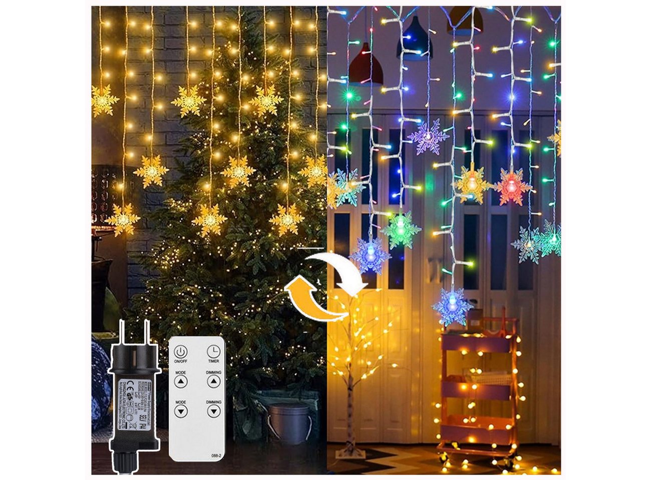 XERSEK LED-Lichterkette LED-Lichtervorhang Stern/Eiszapfen/Schneeflocke/Kugel/Regen Party Deko, 360-flammig, LED Weihnachtslichterketten 360LEDs IP44 Fernbedienung 10 Modi Timer von XERSEK