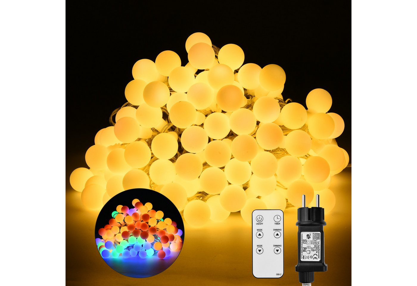 XERSEK LED-Lichterkette Warmweiß+Bunt 150LED 20m Kugel 10Modi + Memory Funktion Wasserdichte, 150-flammig, mit 31V Stecker für Außen und Innen IP44 Party von XERSEK