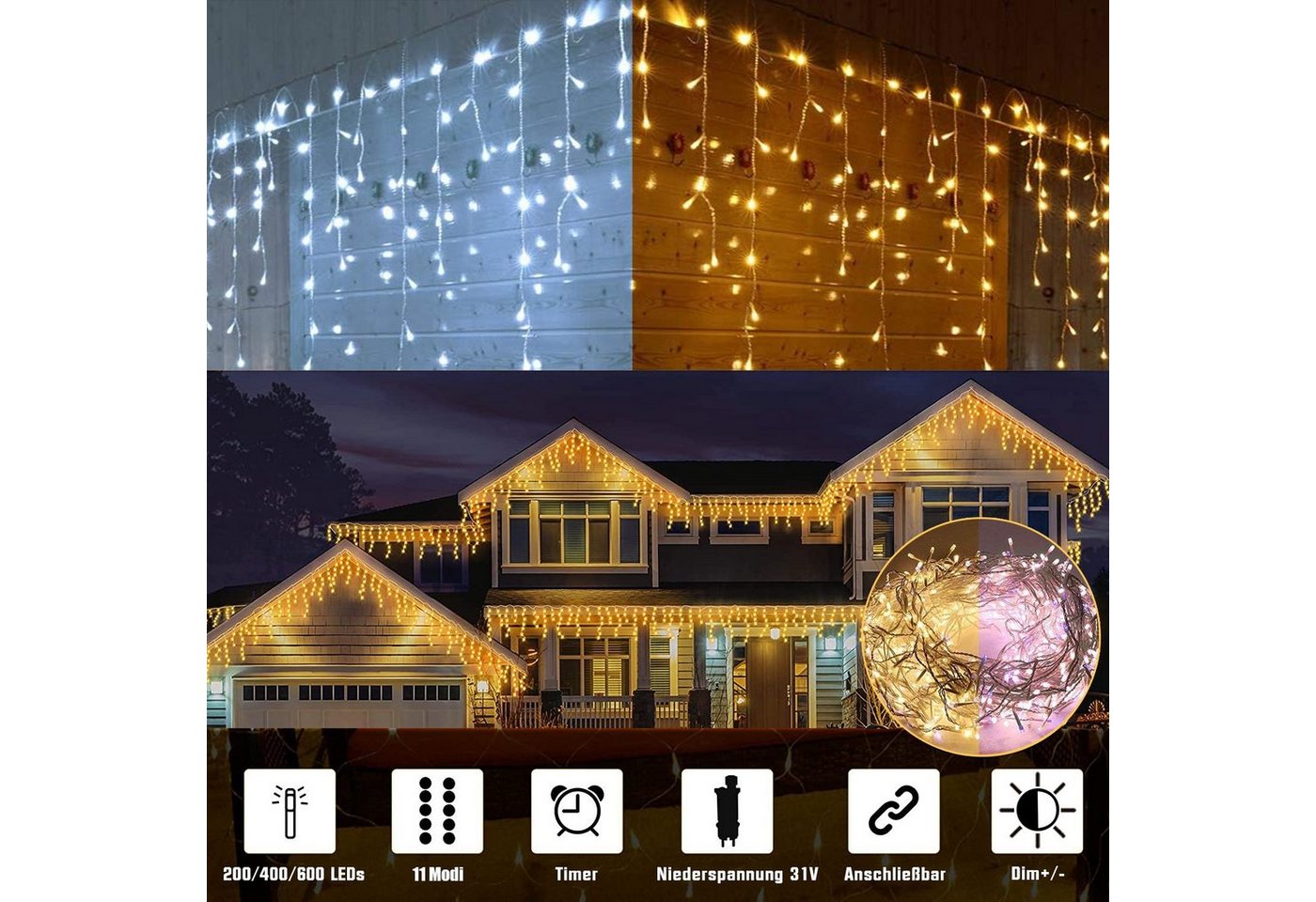 XERSEK LED-Lichtervorhang LED Lichtervorhang Eiszapfen Schneefall Meteorschauer Regen, Gesamtlänge 5m Weihnachtsbeleuchtung Gartenleuchte XERSEK LED-Lichtervorhang LED Lichtervorhang Eiszapfen Schneefall Meteorschauer Regen, Gesamtlänge 5m Weihnachtsbeleuchtung Gartenleuchte von XERSEK