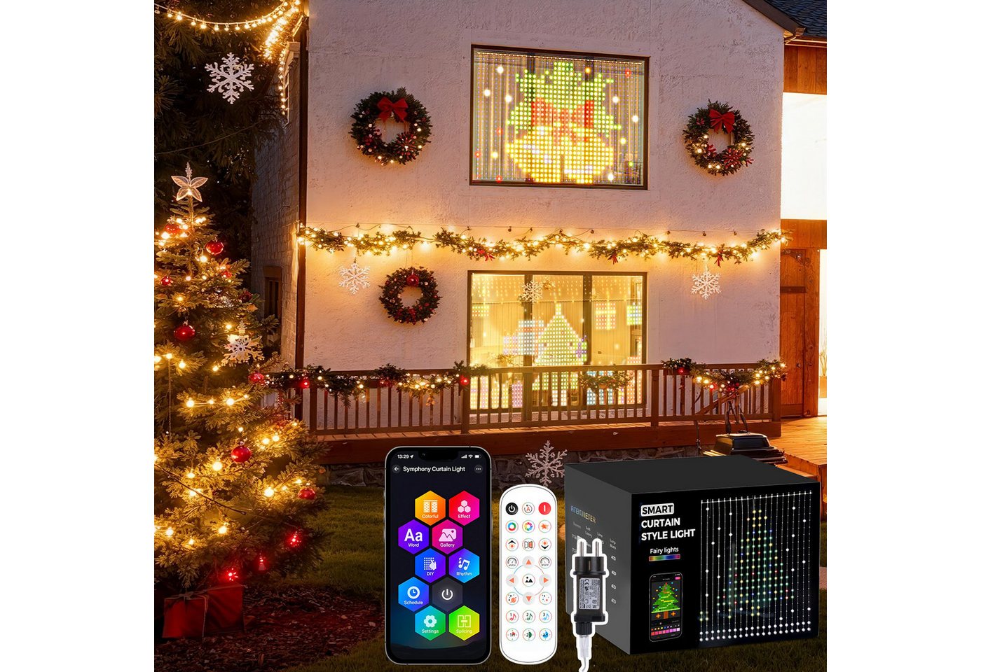 XERSEK Lichtervorhang LED Vorhanglichter Lichterkette, DIY Szenen,RGB, App/Fernbedienung, 200-400 LEDs Lichtervorhang 72 Modi Musik Sync, IP65,  Für Weihnachten von XERSEK