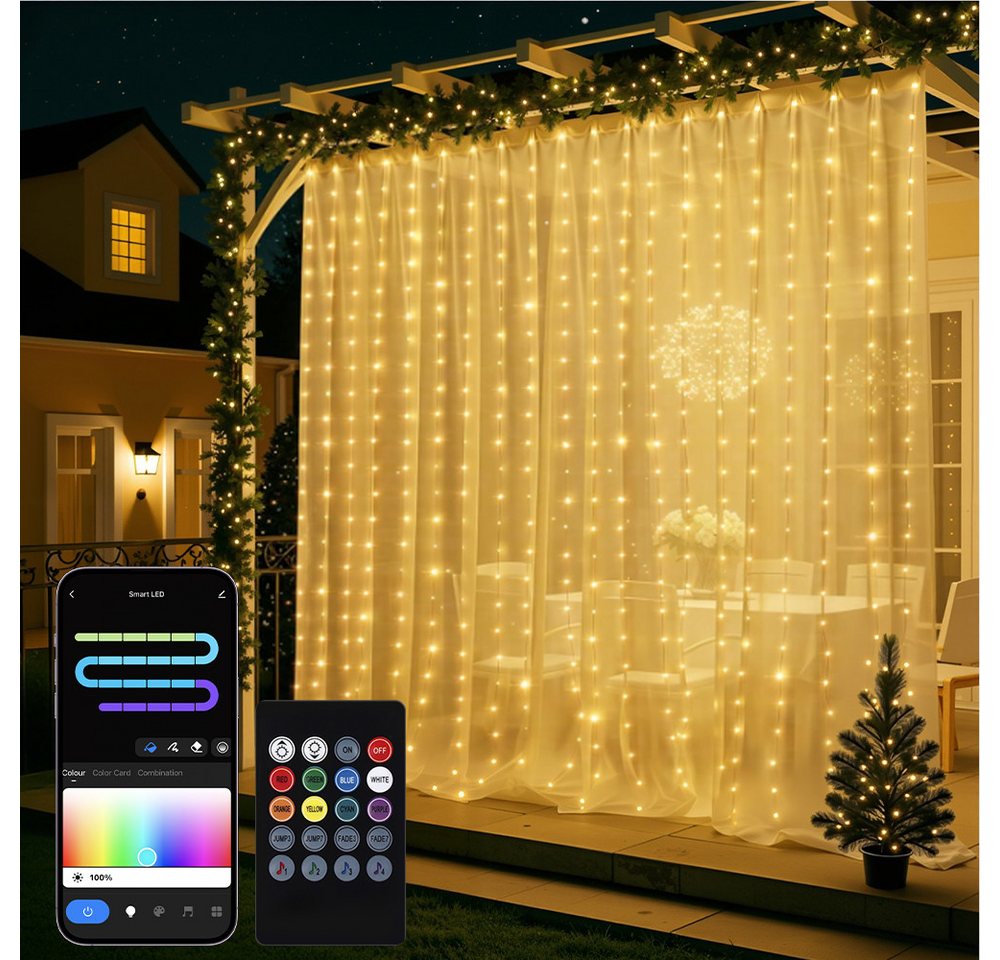 XERSEK Lichtervorhang LED Vorhanglichter Lichterkette, DIY Szenen,RGB, App/Fernbedienung, 200-400 LEDs Lichtervorhang 72 Modi Musik Sync, IP65,  Für Weihnachten von XERSEK