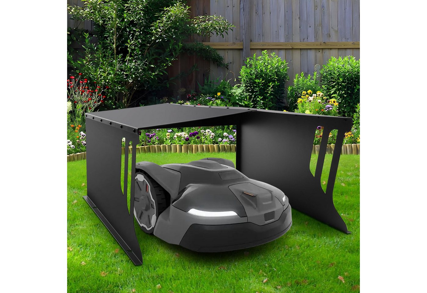 XERSEK Mähroboter-Garage Stahl Rasenmäher Garage Dach Carport Überdachung für Mähroboter, (78 x 61 x 34 cm), Rasenmäher Dach Carport Unterstand, Wasserdicht, Sonnen- und Regenschutz, UV-beständige, Schwarz) von XERSEK