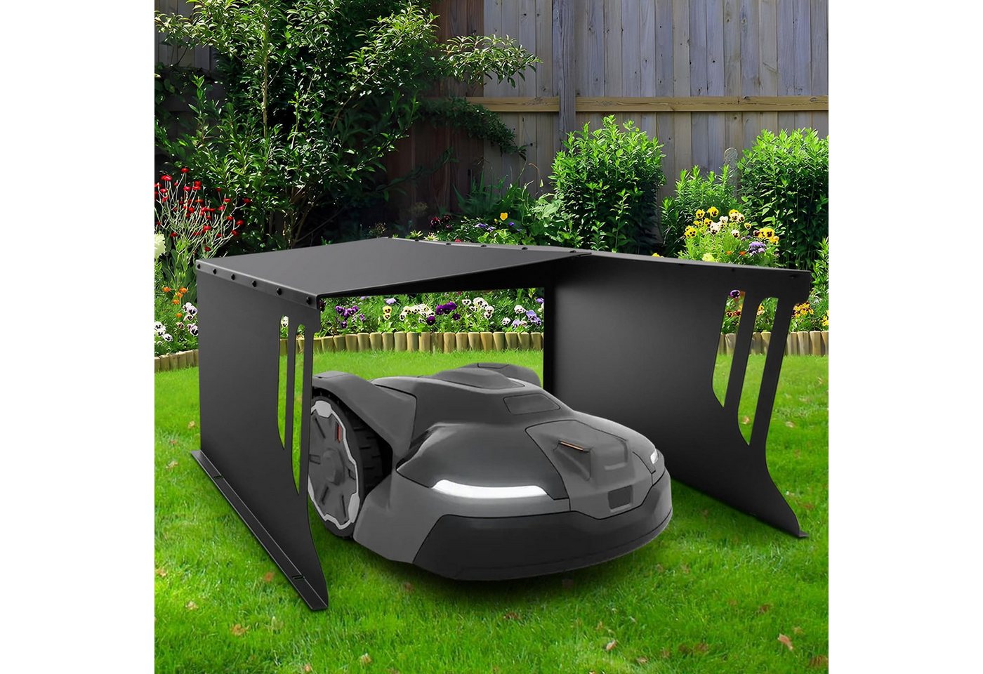 XERSEK Mähroboter-Garage Stahl Rasenmäher Garage Dach Carport Überdachung für Mähroboter, (78 x 61 x 34 cm), Rasenmäher Dach Carport Unterstand, Wasserdicht, Sonnen- und Regenschutz, UV-beständige, Schwarz) von XERSEK