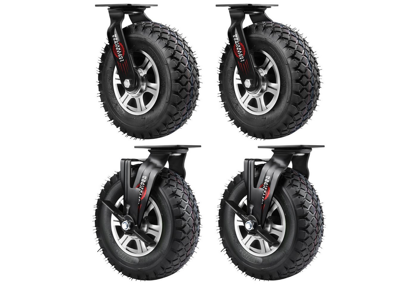 XERSEK Schwerlastrolle 250mm Pneumatische Transportrollen Gummi mit Alu-Halterung bis 170KG, (Set, Lenkrollen, Bremsrollen, starre Rollen, 360° Drehbar, Leise Langlebig), Für Möbel, Werkstatt, Transportwagen, Werkzeugkisten, Industrieeinsatz von XERSEK