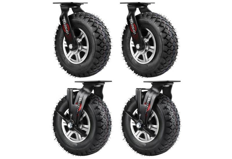 XERSEK Schwerlastrolle 250mm Pneumatische Transportrollen Gummi mit Alu-Halterung bis 170KG, (Set, Lenkrollen, Bremsrollen, starre Rollen, 360° Drehbar, Leise Langlebig), Für Möbel, Werkstatt, Transportwagen, Werkzeugkisten, Industrieeinsatz von XERSEK