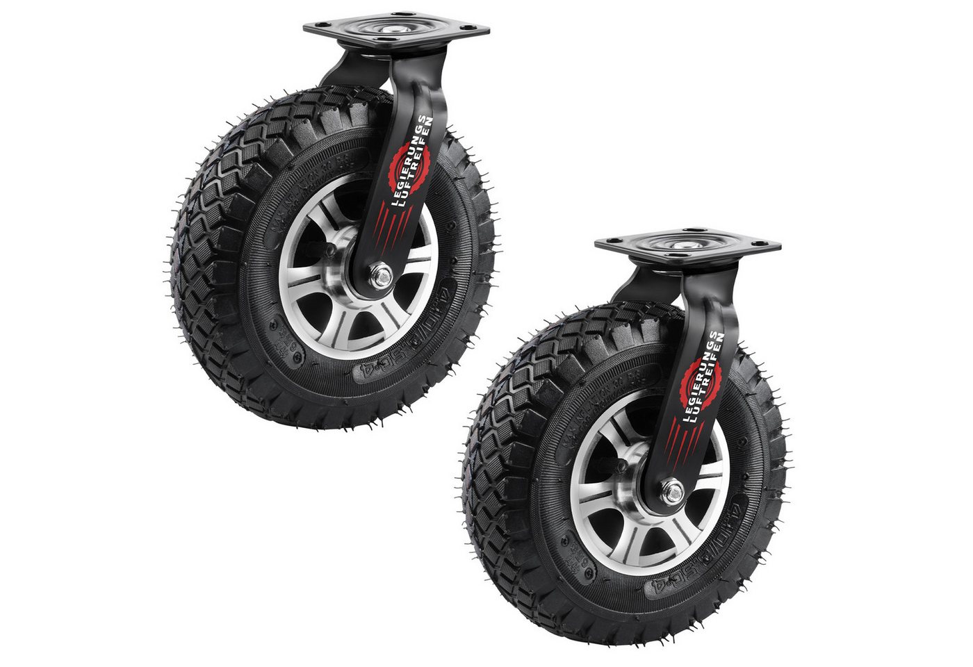 XERSEK Schwerlastrolle 250mm Pneumatische Transportrollen Gummi mit Alu-Halterung bis 170KG, (Set, Lenkrollen, Bremsrollen, starre Rollen, 360° Drehbar, Leise Langlebig), Für Möbel, Werkstatt, Transportwagen, Werkzeugkisten, Industrieeinsatz von XERSEK