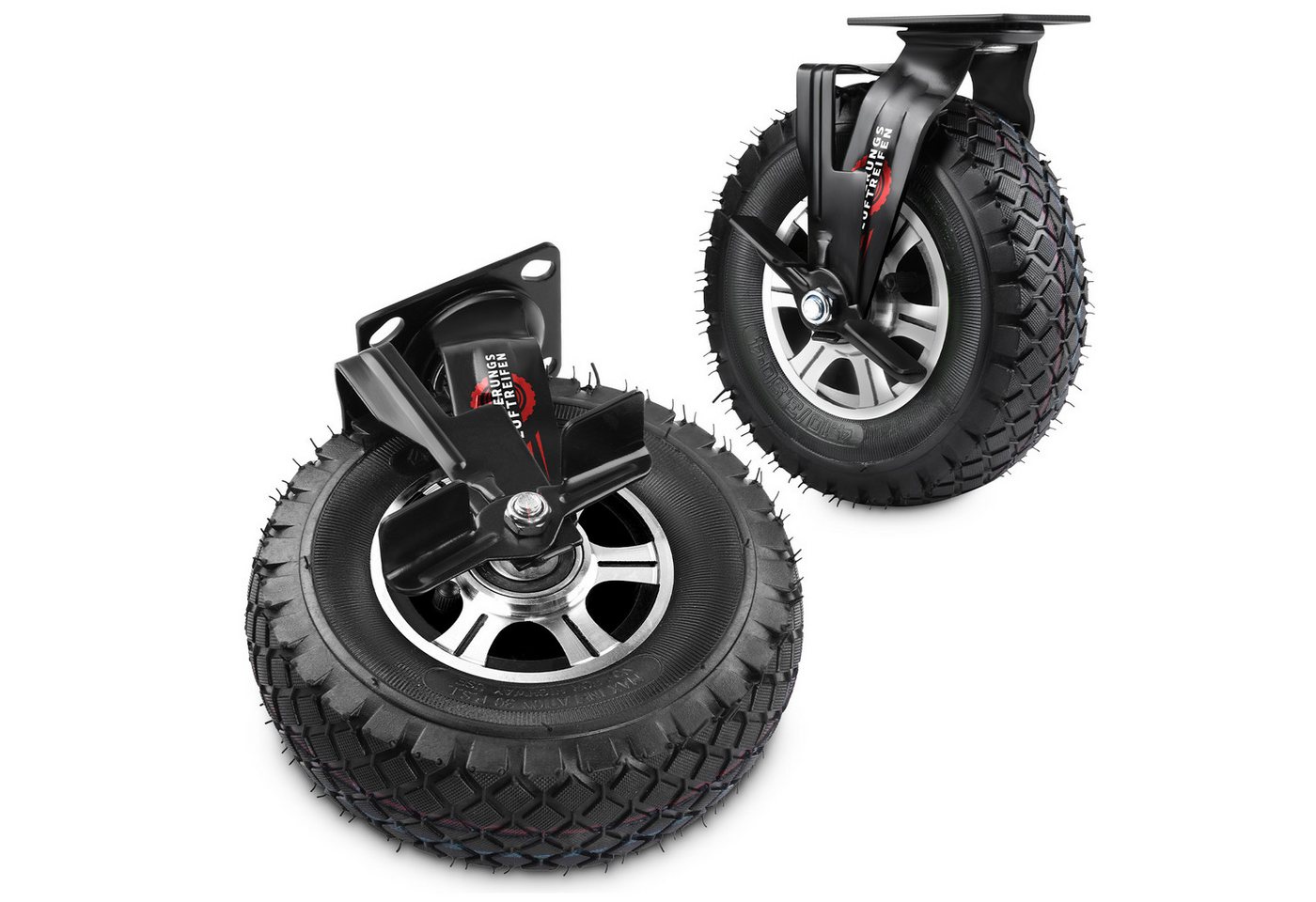 XERSEK Schwerlastrolle 250mm Pneumatische Transportrollen Gummi mit Alu-Halterung bis 170KG, (Set, Lenkrollen, Bremsrollen, starre Rollen, 360° Drehbar, Leise Langlebig), Für Möbel, Werkstatt, Transportwagen, Werkzeugkisten, Industrieeinsatz von XERSEK