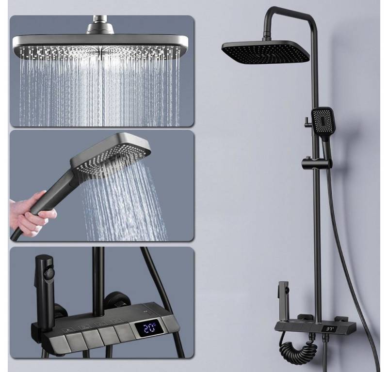 XERSEK Stangenbrause-Set 4Funktionen mit Armatur Brausegarnitur Schwarz Duschsystem LCD Display, 3 Strahlart(en), 30cm Kopfbrause,13cm Handbrause, 86-120cm, Kuper von XERSEK