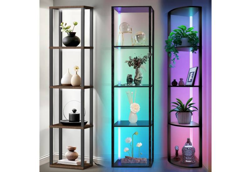 XERSEK Stehlampe Dimmbar LED Stehleuchte Bücherregal Regal aus Holz App Fernbedienung, 5 Ebenen Eckregal, 162*30cm, RGB, Warm- / Weißes von XERSEK