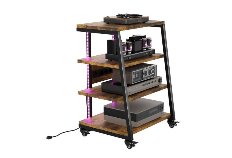 XERSEK TV-Regal HiFi Rack Medienständer mit schwenkbaren Rollen LED dimmbar per App, Lautsprecherständer 4-5 stöckiger auf Rollen Holz und Metall, HiFi-Ständer Set Für Wohnzimmer Schlafzimmer Büro von XERSEK