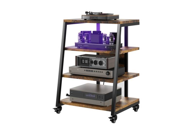 XERSEK TV-Regal HiFi Rack TV Rack mit Rädern und 2 RGB LED Lichter, 4 Etagen Plattenspielerständer aus Holz und Metall, mit Steckdosenleisten Verstellbaren Ablage, 60 x 52 x78 cm von XERSEK