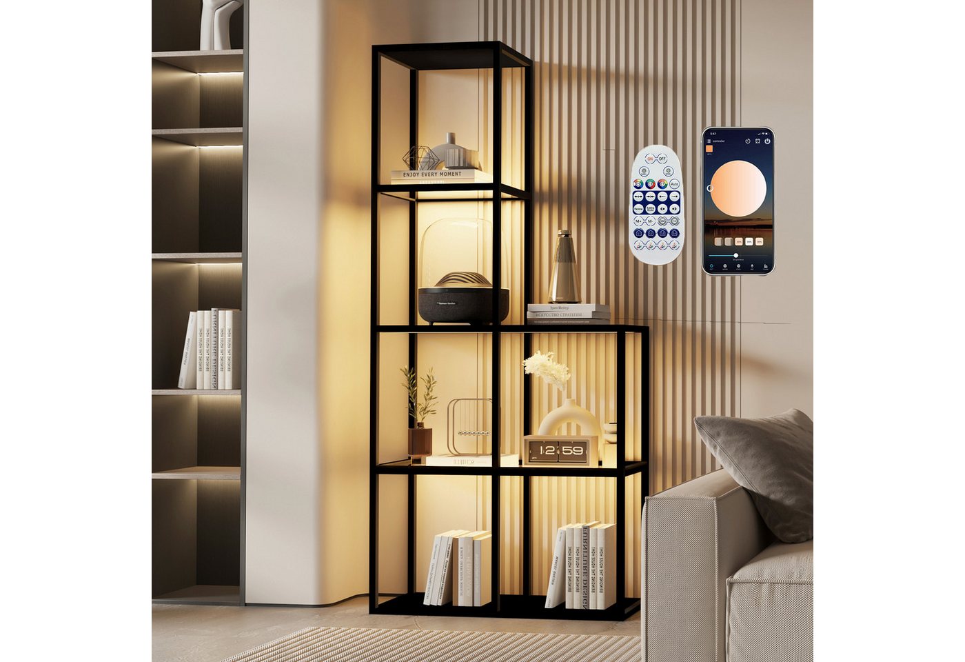 XERSEK Vitrine LED Vitrinenschrank mit Massivholz, 2 Glasablagen, L-Formveränderbar (78,0 cm B × 30,0 cm T × 168 cm H, App & Fernbedienung Dimmbar, Modern, Schlicht) Präsentation Kunst, Büchern und Deko, für Wohnzimmer, Büro Studio von XERSEK