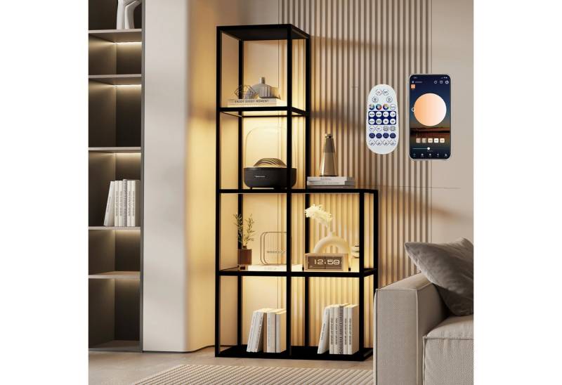 XERSEK Vitrine LED Vitrinenschrank mit Massivholz, 2 Glasablagen, L-Formveränderbar (78,0 cm B × 30,0 cm T × 168 cm H, App & Fernbedienung Dimmbar, Modern, Schlicht) Präsentation Kunst, Büchern und Deko, für Wohnzimmer, Büro Studio von XERSEK