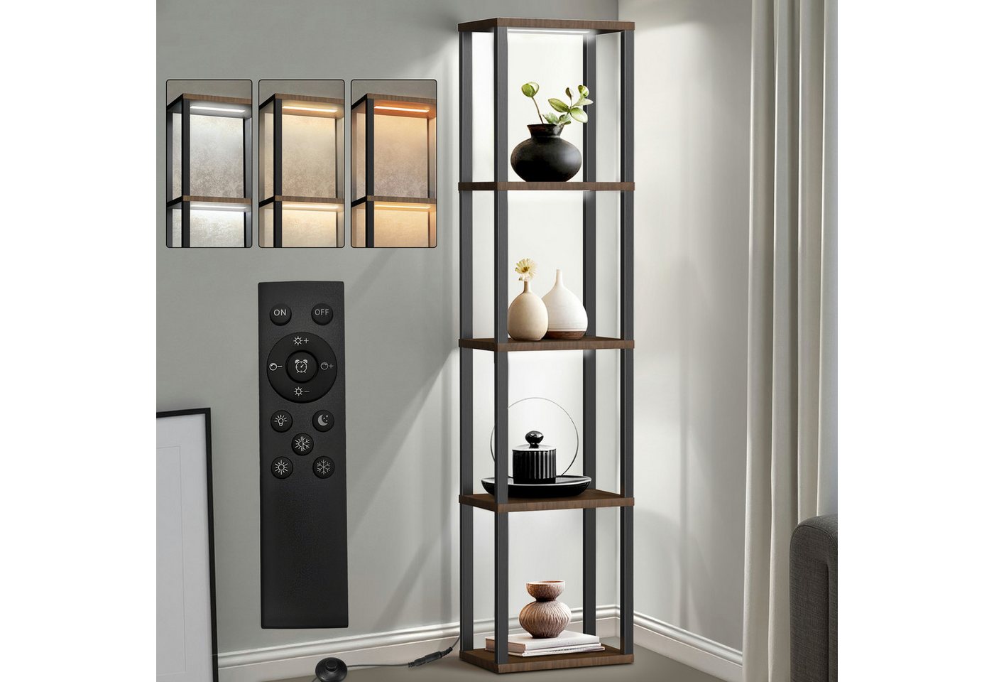 XERSEK Vitrine Standregal Vitrinenschrank mit Dimmbarer LED-Beleuchtung, 5-stufiges (Set, Massivholz-Regal stabile Konstruktion einfache Montage) für Wohnzimmer Sammlerstücke, Kunstwerke & Dekoobjekte von XERSEK
