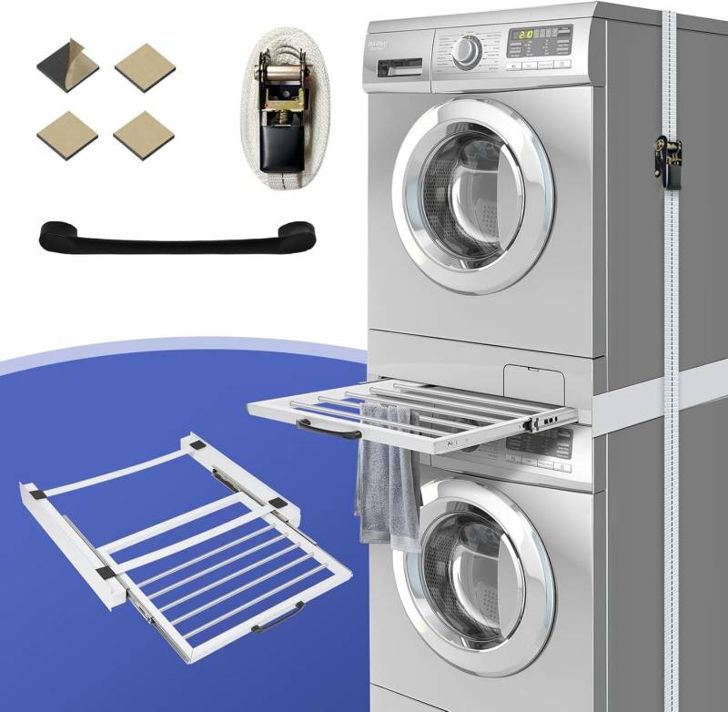 XERSEK Zwischenbaurahmen Universal Verbindungsrahmen 61x55cm für Waschmaschine Trockner (Zwischenbausatz mit Ausziehbarer Handtuchhalter, zubehör aus Stahl für Wäschekorb) von XERSEK