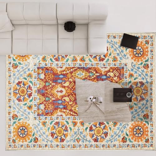XESZIEO Moderner Designer Teppich rutschfest Waschbar Teppich Retro-GelbHomeDekorativeTeppiche,110x190cm von XESZIEO