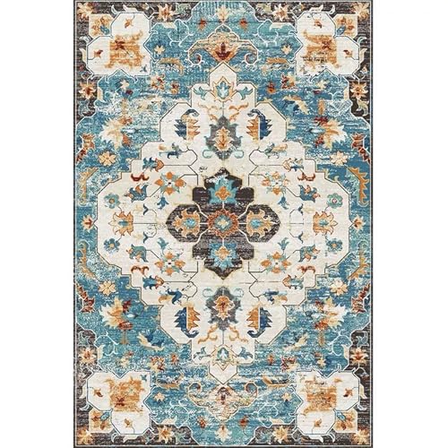 XESZIEO Moderner Designer Teppich rutschfest Waschbar Teppich Retro-Muster blauHomeDekorativeTeppiche,110x190cm von XESZIEO