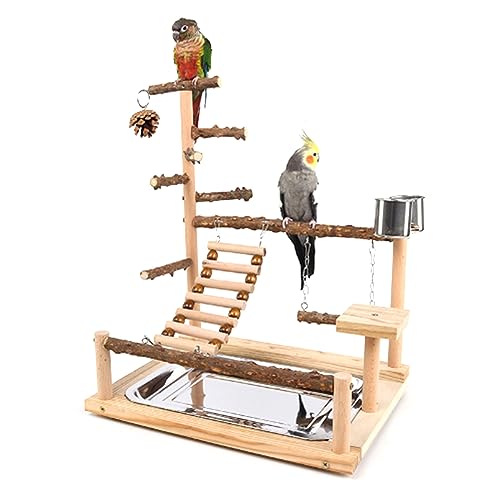 Pet Papagei Spielständer Papageien Vogel Vogel Spielständer Holz Sitzstange Leiter mit Stahl-Futterplatte Vogelstange Ständer Spielzeug Vogel Sitzstange Ständer Plattform Natürliches Holz von XEYYHAS
