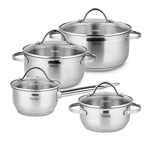 4 Töpfe und Pfannen 8er Set aus Edelstahl mit rollgewalzter Glaskante Deckel Sils Küchenset von XFLSDHGD