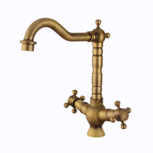 Bad Waschbecken haken antike Messing Rotatable Dual Hebel Spirale Heißer und kaltes Wasserbeckenmischungshahn für Küchenspüle von XFLSDHGD